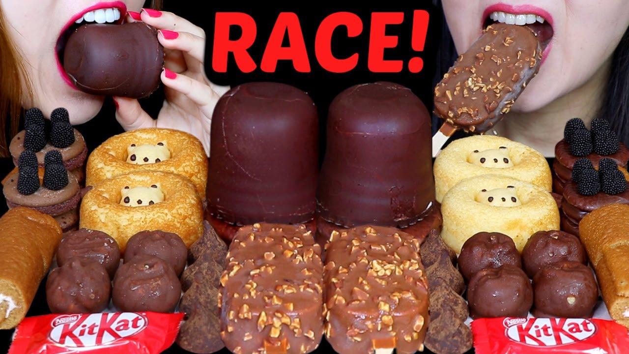 ASMR LEFTOVER DESSERT RACE! GIANT CHOCOLATE MARSHMALLOW, ICE CREAM BAR, CREAM PUFFS, TRUFFLES, PIE먹방