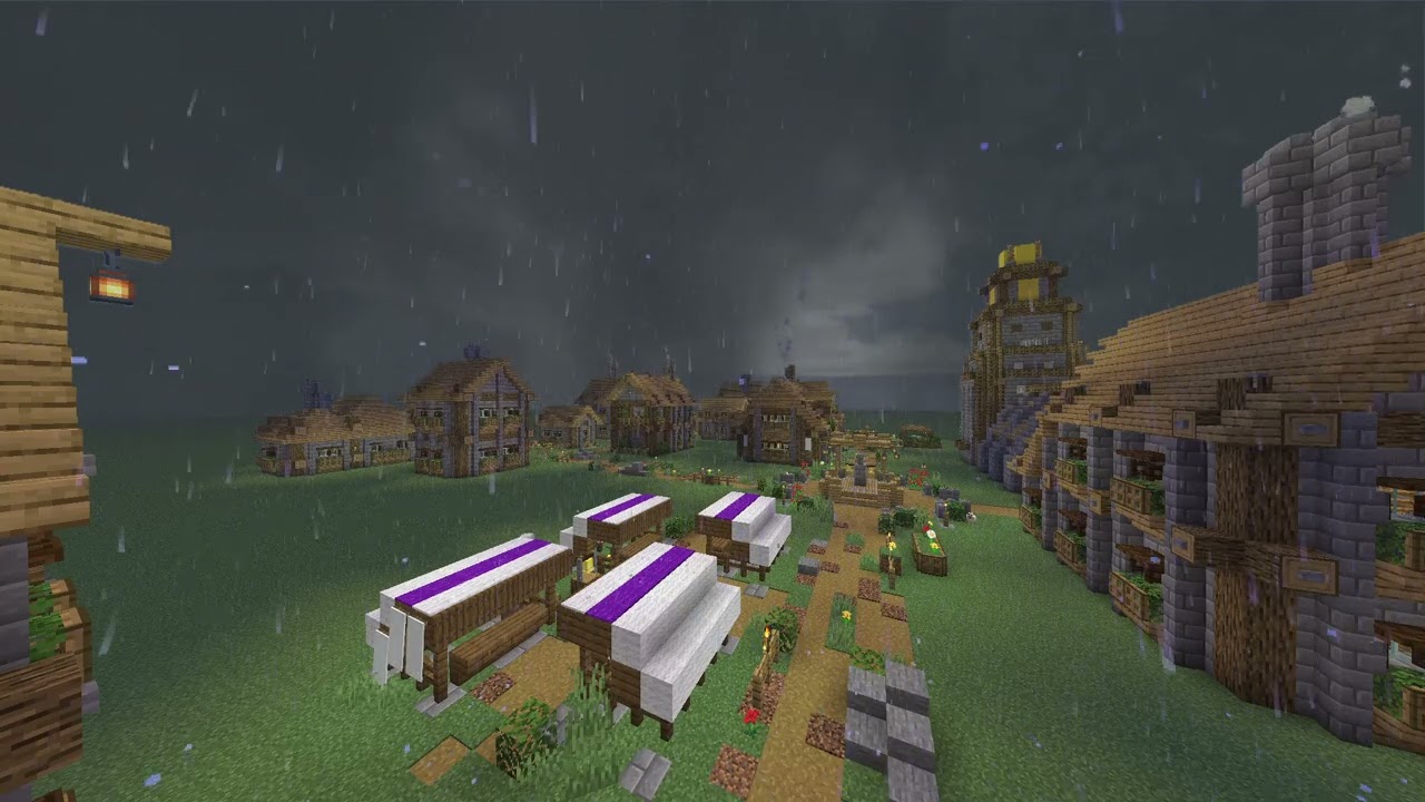 Big Minecraft village being hit by a severe hailstorm - ProtoManly's Weather Mod