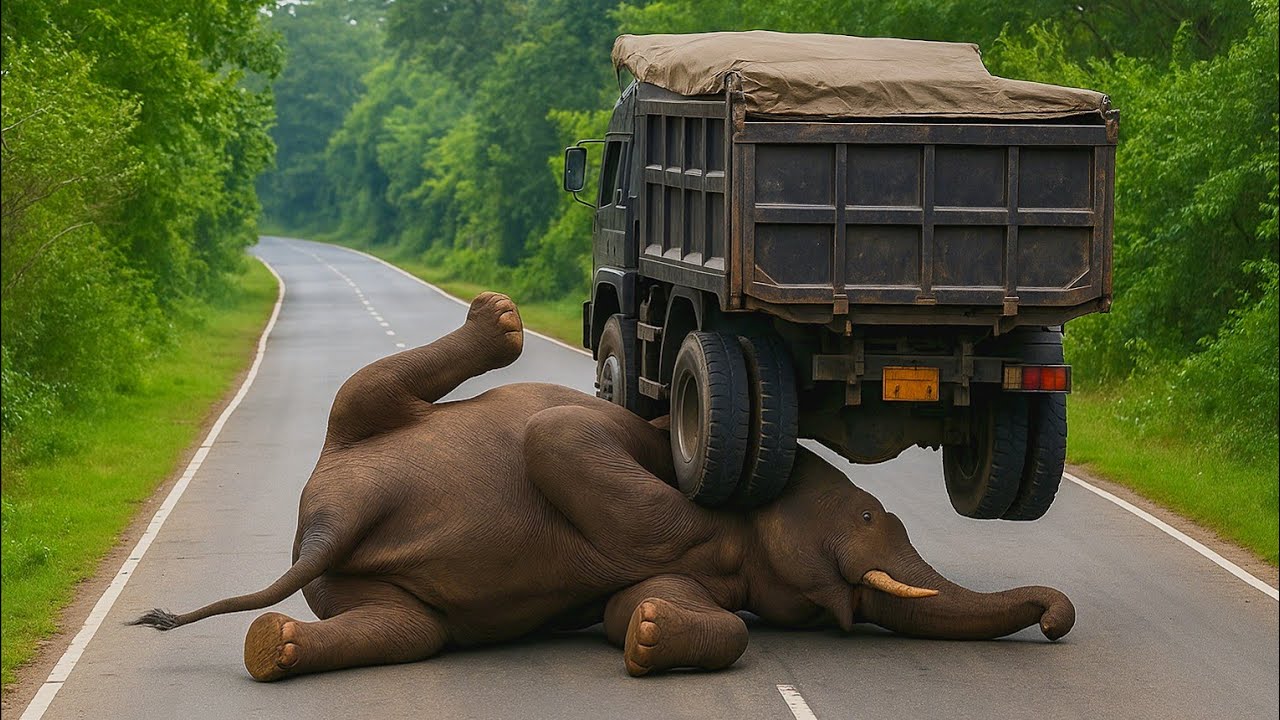 Shocking Wildlife Collision: Elephant Pinned Under Truck on Jungle Road – Caught on Camera!