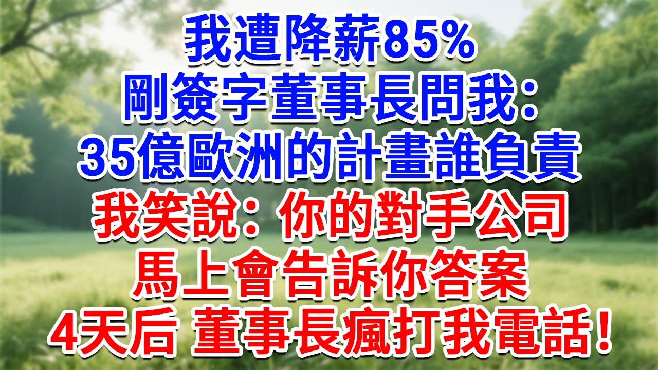 我遭降薪85%，剛簽字董事長問我：35億歐洲的計畫誰負責，我笑說：你的對手公司，馬上會告訴你答案， 4天后 董事長瘋打我電話！#為人處世#生活經驗#情感故事#故事#小說#戀愛#情感#婚姻