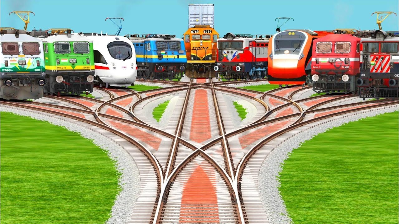NINE TRAINS CROSSING BY FORKED TRAINS RAILROAD CROSSING TRACKS-TRAIN VIDEOS INDIAN RAILWAYS GAMES 