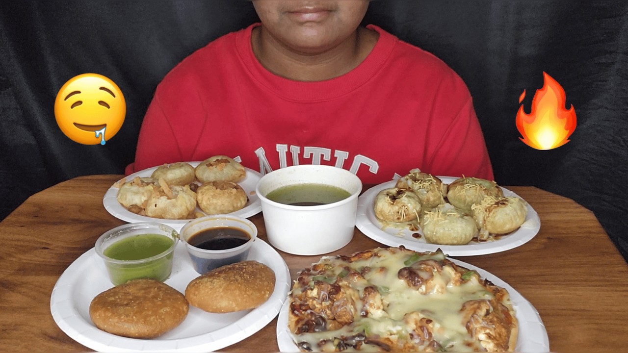 EATING PANIPURI , DAHI PURI , KACHORI AND PANEER TIKKA PIZZA | MUKBANG