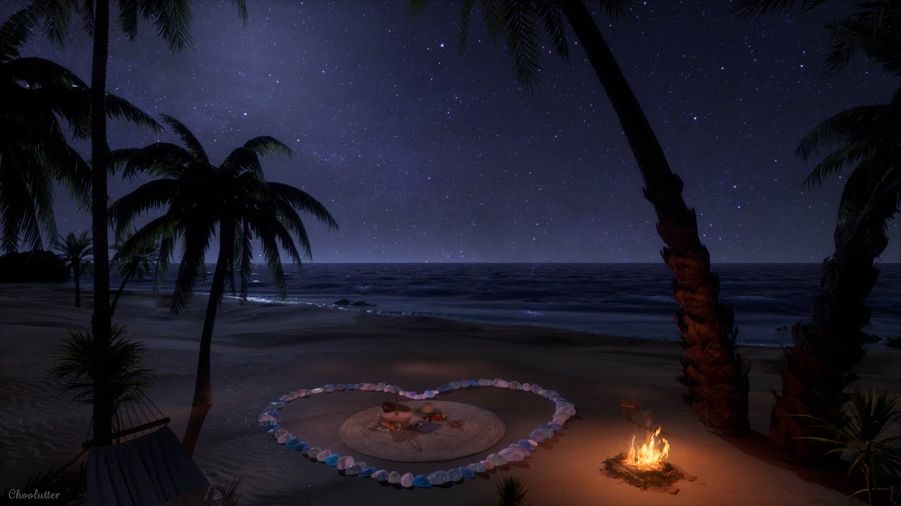 Camping On The Moonlight Beach | Crackling Fire, Gentle Wave Sounds