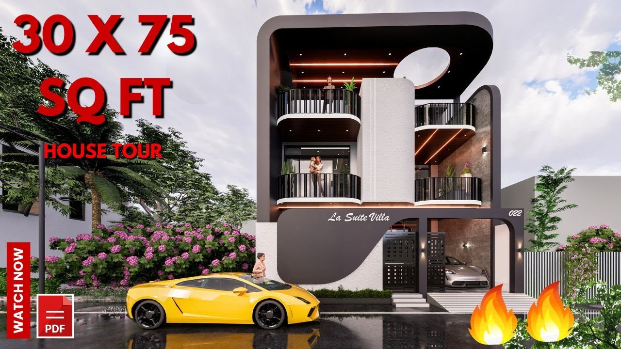 План дома 30x75 3D | 5 спален | 250 кв. ярдов | ДВУХВЫСОТНАЯ ЖИЛАЯ ЗОНА | 9x23 метра || Студия DV
