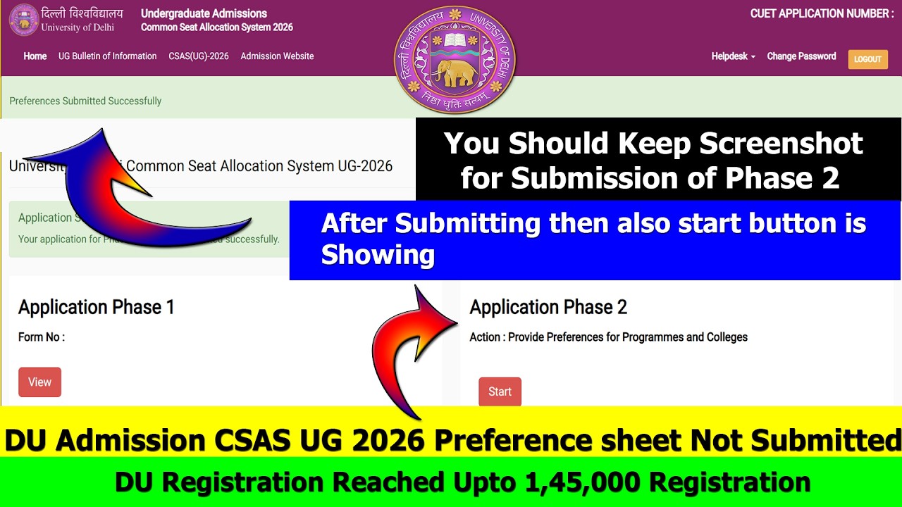 DU Admission CSAS UG 2026 Preference sheet Not Submitted | DU Registration Reached 1,45,000