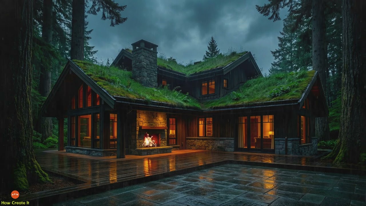 Ethereal Night Rain with Fireplace & Soft Thunder for Inner Peace in a Serene Forest House Ambience