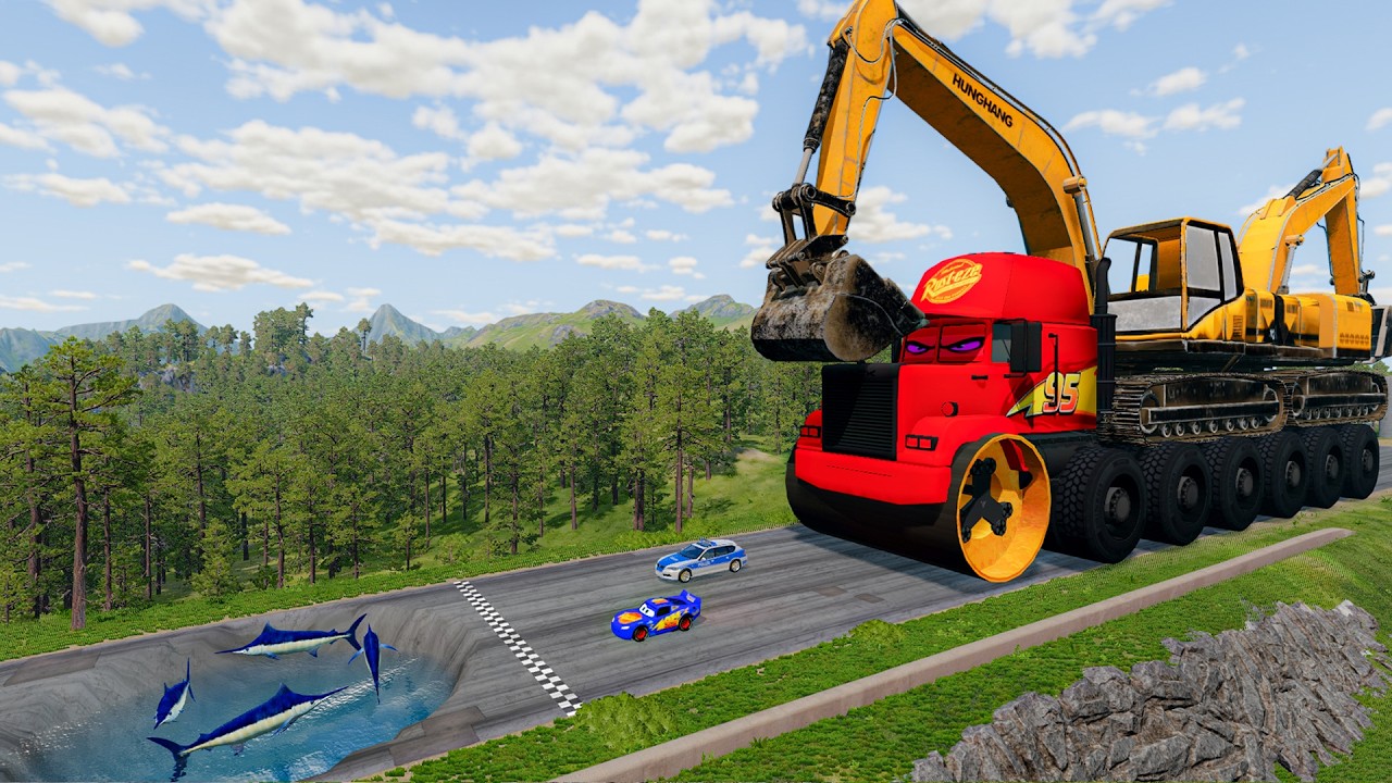 Giant CRUSHER DOZER Mack Truck Eater VS Cars Lightning McQueen & Police Car - Beamng.Drive