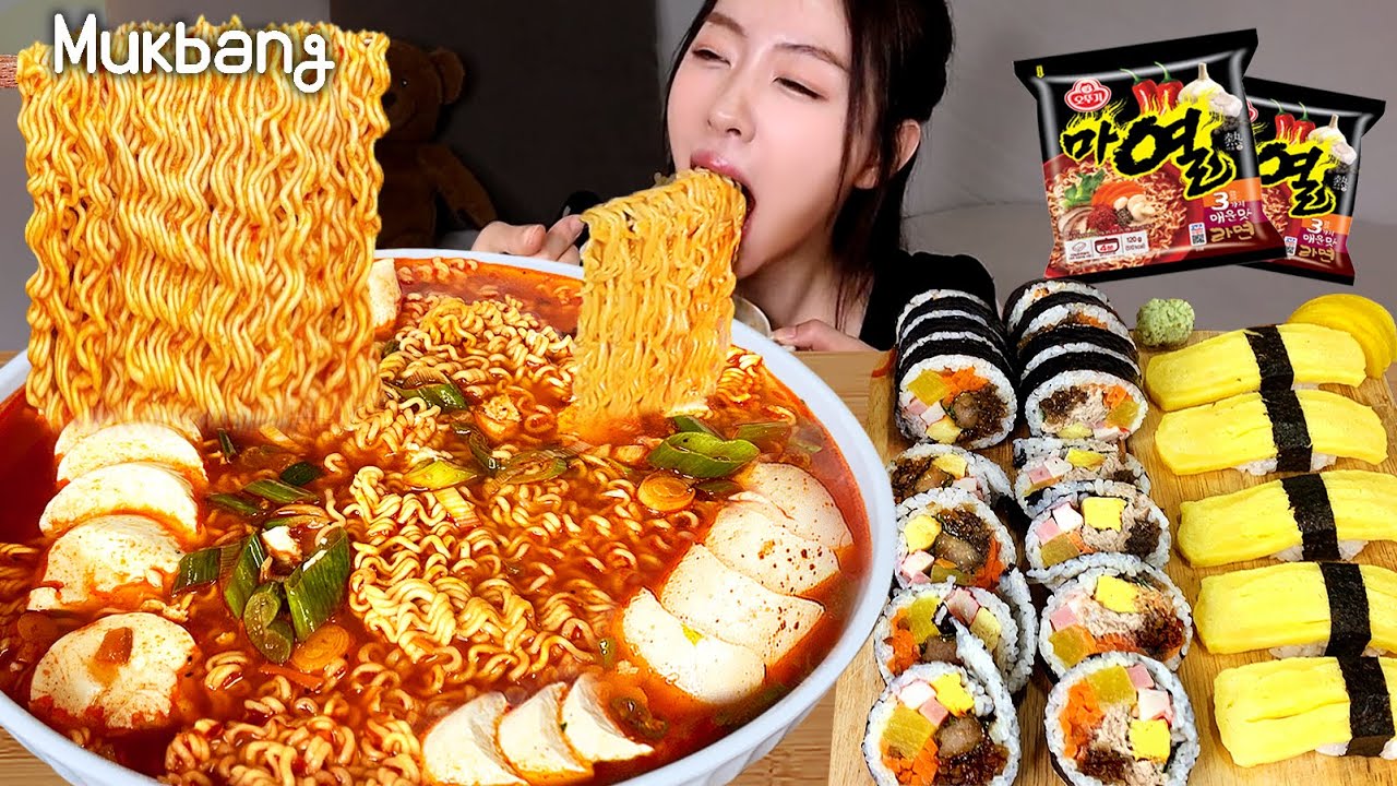 🍜 острый корейский саман Рамен, Кимчи, Кимбап ★ Spicy Ramyun REAL SOUNDㅣASMR MUKBANG