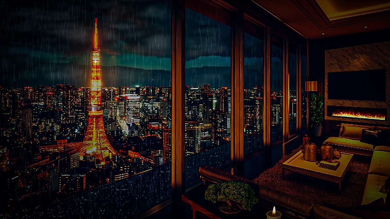 Rainy Night in a Tokyo Penthouse 🌧️ Fireplace & City Rain Sounds for Deep Sleep (2 Hours)