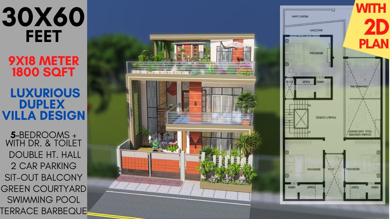 5 BHK Luxurious Villa 🤩| 30x60 Feet with Courtyard & Swiming Pool | 1800 sqft | 200 Gaj | ID-219
