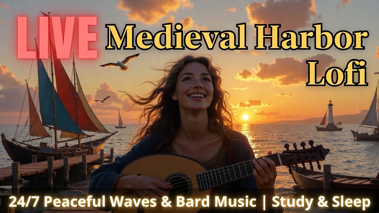 Medieval Harbor Lofi LIVE 🌊 24/7 Peaceful Coastal Ambience | Waves, Seagulls & Bard Music for Study