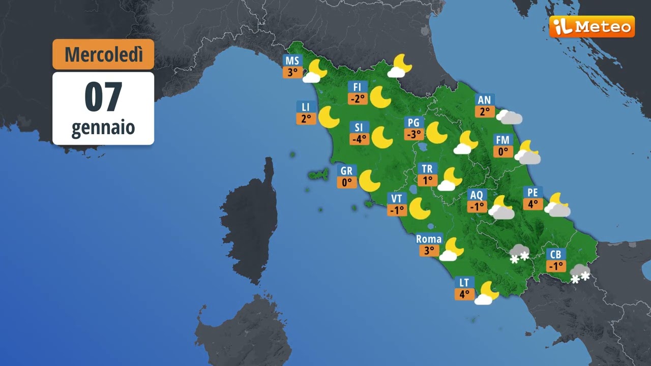 Meteo, previsioni e tendenza meteo Italia Mercoled&igrave; 07 gennaio 2026
