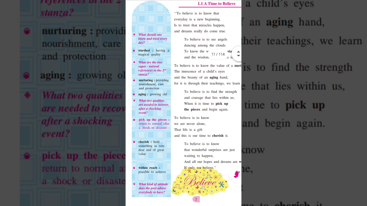 Class 8, English, Unit 1,1.1, A Time To Believe by B.J. Morbitzer/Complete explanation with answers.