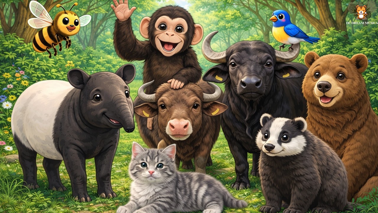 Cute Farm Animals: Bee, Chimpanzee, Bird, Tapir, Buffalo, Bull, Bear, Badger - Animal Video
