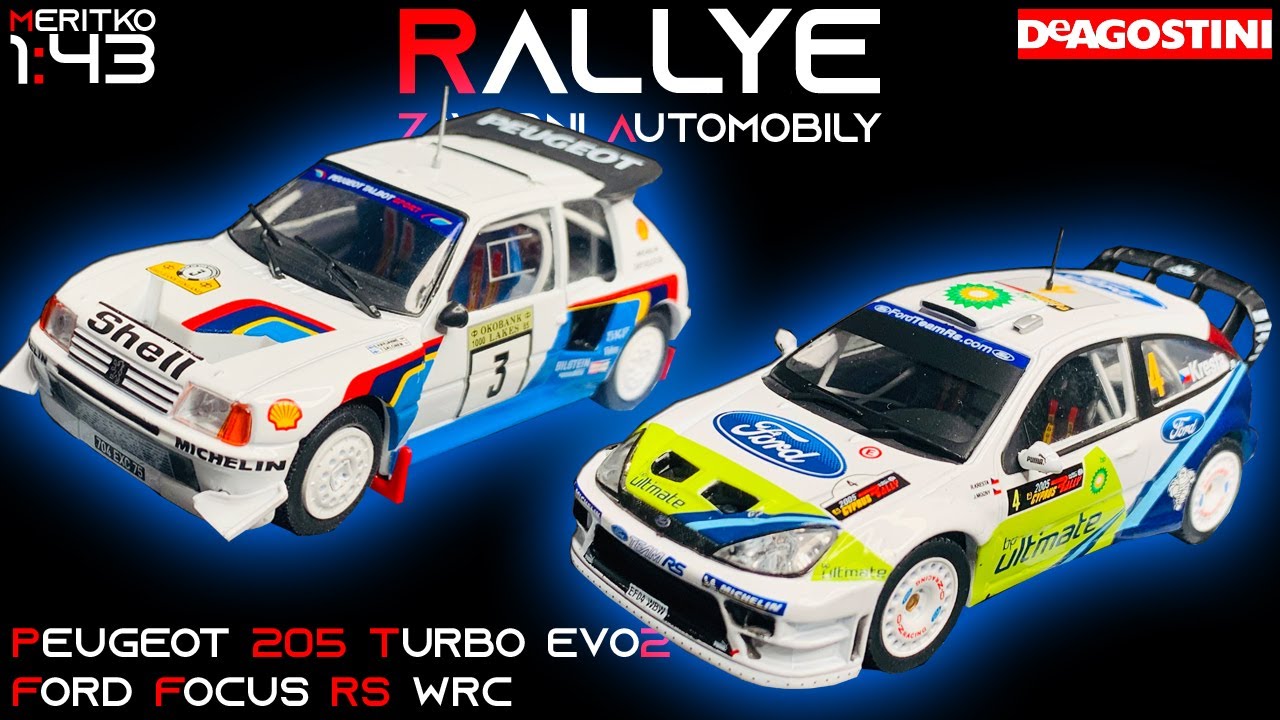 PEUGEOT 205 TURBO RVO 2 + FORD FOCUS RS WRC MODELY 1:43 RALLYE ZÁVODNÍ AUTOMOBILY  DeAgostini
