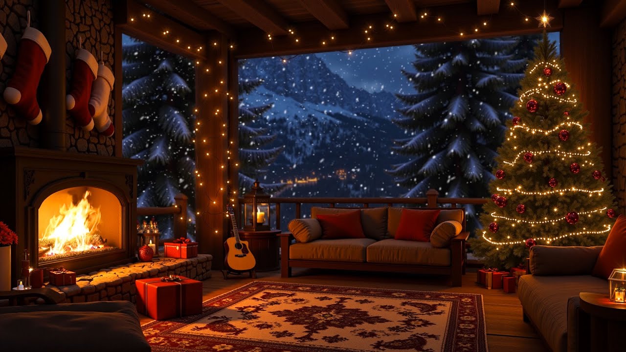 Magical Christmas Night in a Mountain Cabin | Relaxing Fireplace Sounds and Winter Vibes ❄️