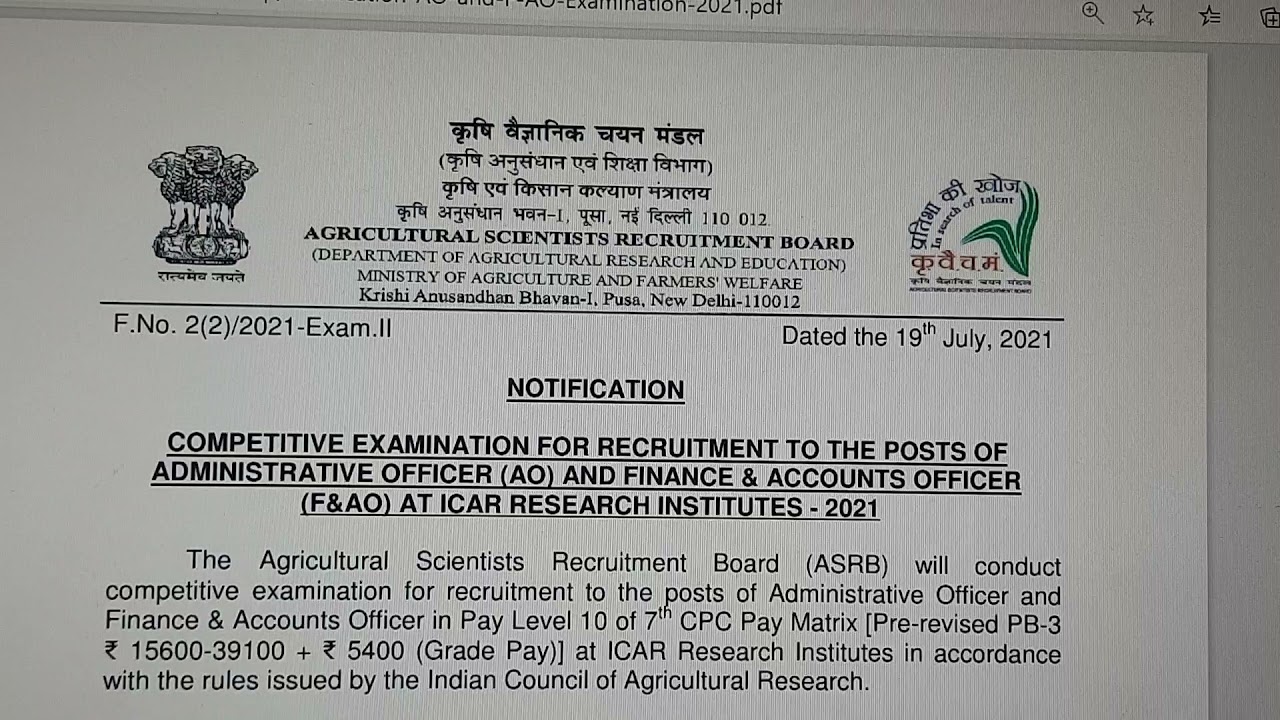 Administrative Officer and Finance and Account Officer Posts 2021 by ASRB, New Delhi