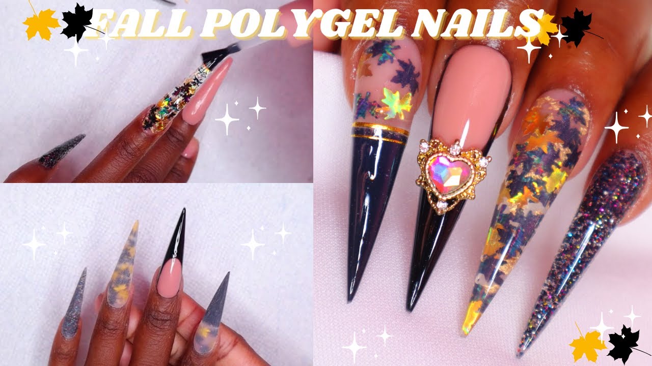 EASY FALL POLYGEL NAIL TUTORIAL | ENCAPSULATED BLACK & GOLD FALL LEAVES