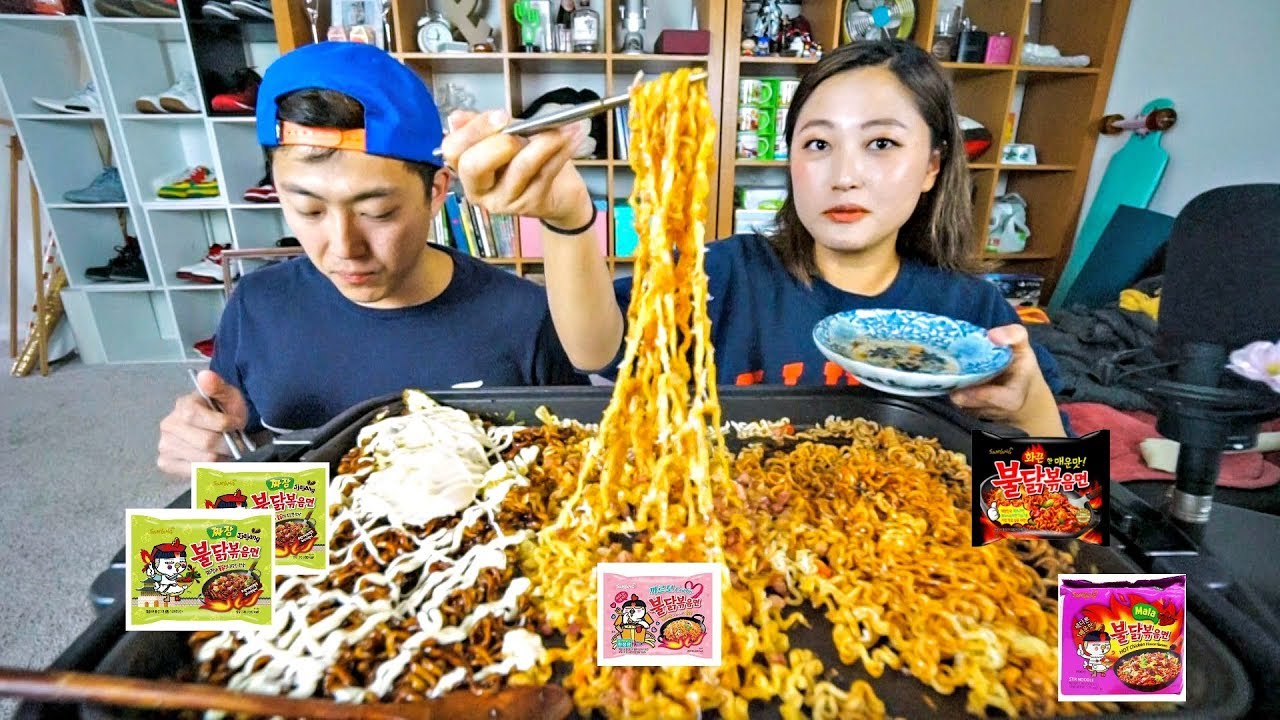 4 Different Fire Noodles Collection Mukbang! (carbonara, black bean, mala and original~)