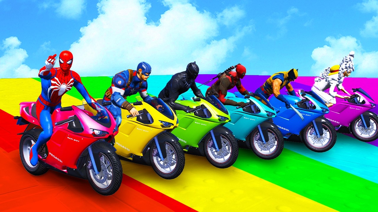 سبايدر مان اصعب دراجة نارية فوق اسماك القرش - Superheroes Ride on Motorcycle Stunt Funny Moments??