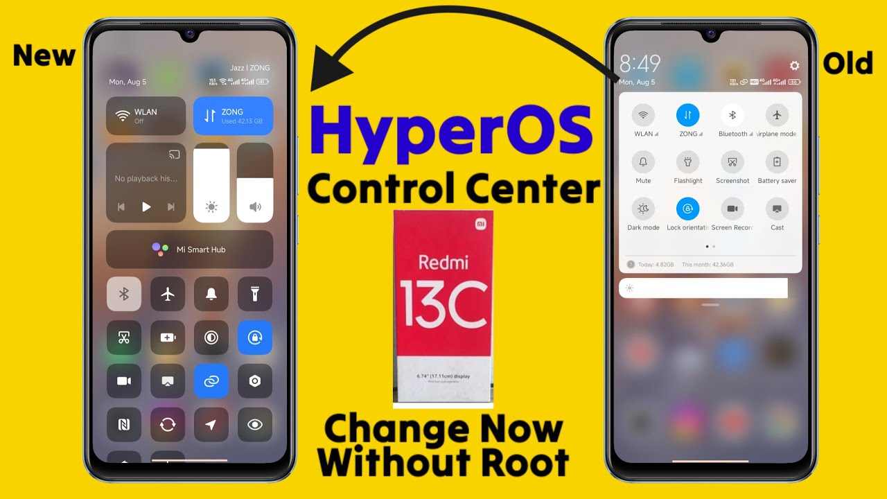 HyperOS control center for Redmi 13C No Root - How to change new control center Redmi 13C