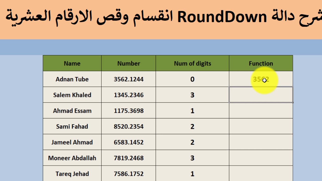 دالة التقريب Rounddown | قص المنازل العشرية