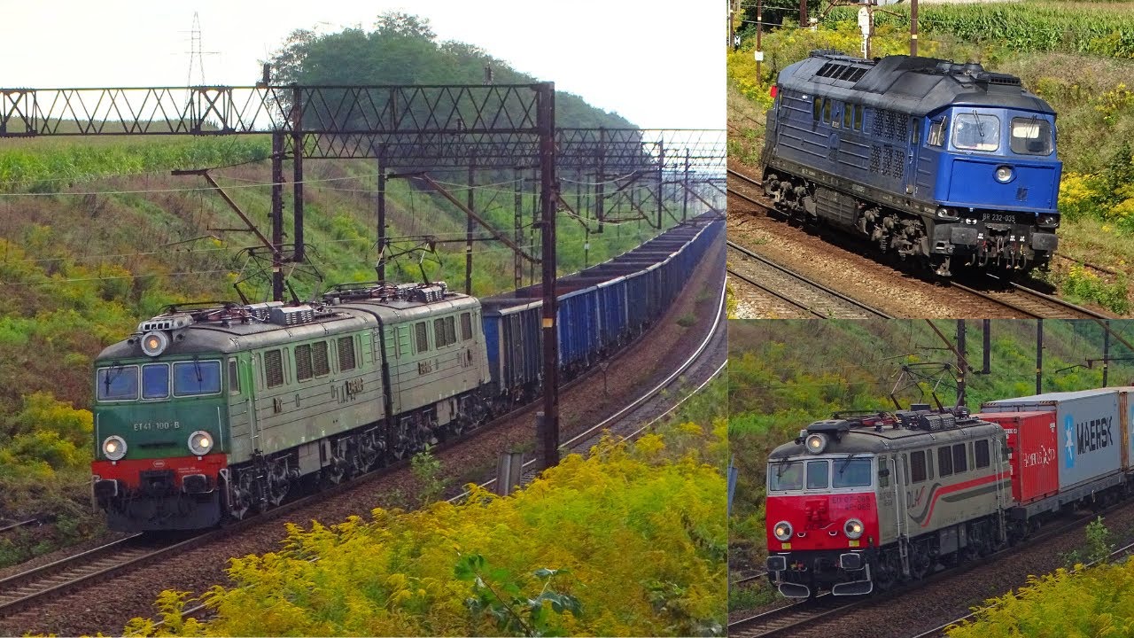Zielony ET41-100 i inne pociągi na łuku, na szlaku Tarnowskie Góry - Nakło Śląskie | 12.09.2022