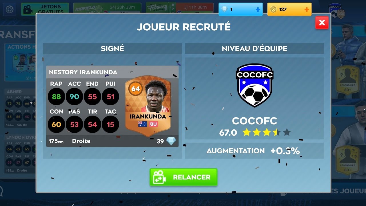 Je joue à Dream League Soccer je fais je fais un match nul et  une défaite