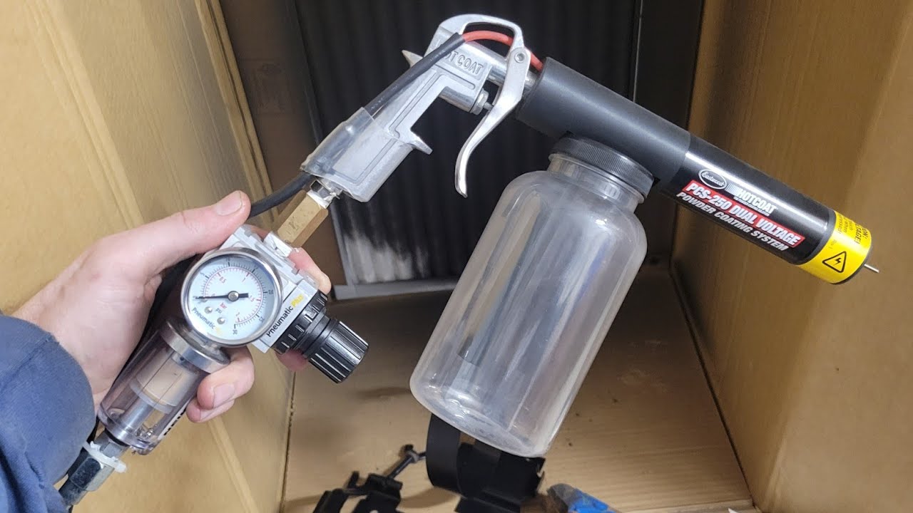 DIY Eastwood powder coating gun setup with powder storage and amount used