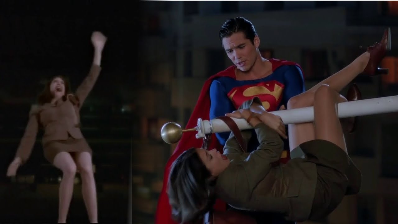 Teri Hatcher wearing a short skirt & pantyhose falls out of a window onto a flagpole.