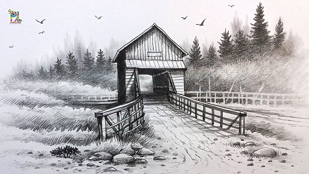 How to draw Wooden Covered Bridge in Scenery Art by Pencil