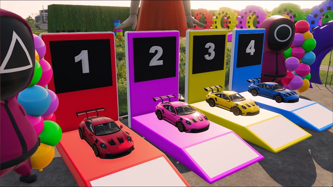Giant Doll vs Colored Sport Cars – The Craziest Playground Race Ever! – Farming Simulator 22