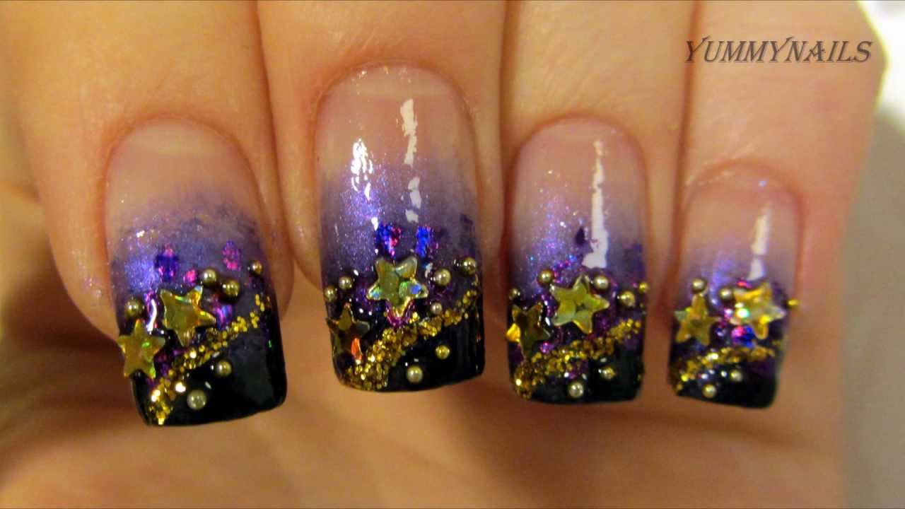 New Year 2013 Gold Purple and Black Gradient Stardust Design Nail Art Tutorial