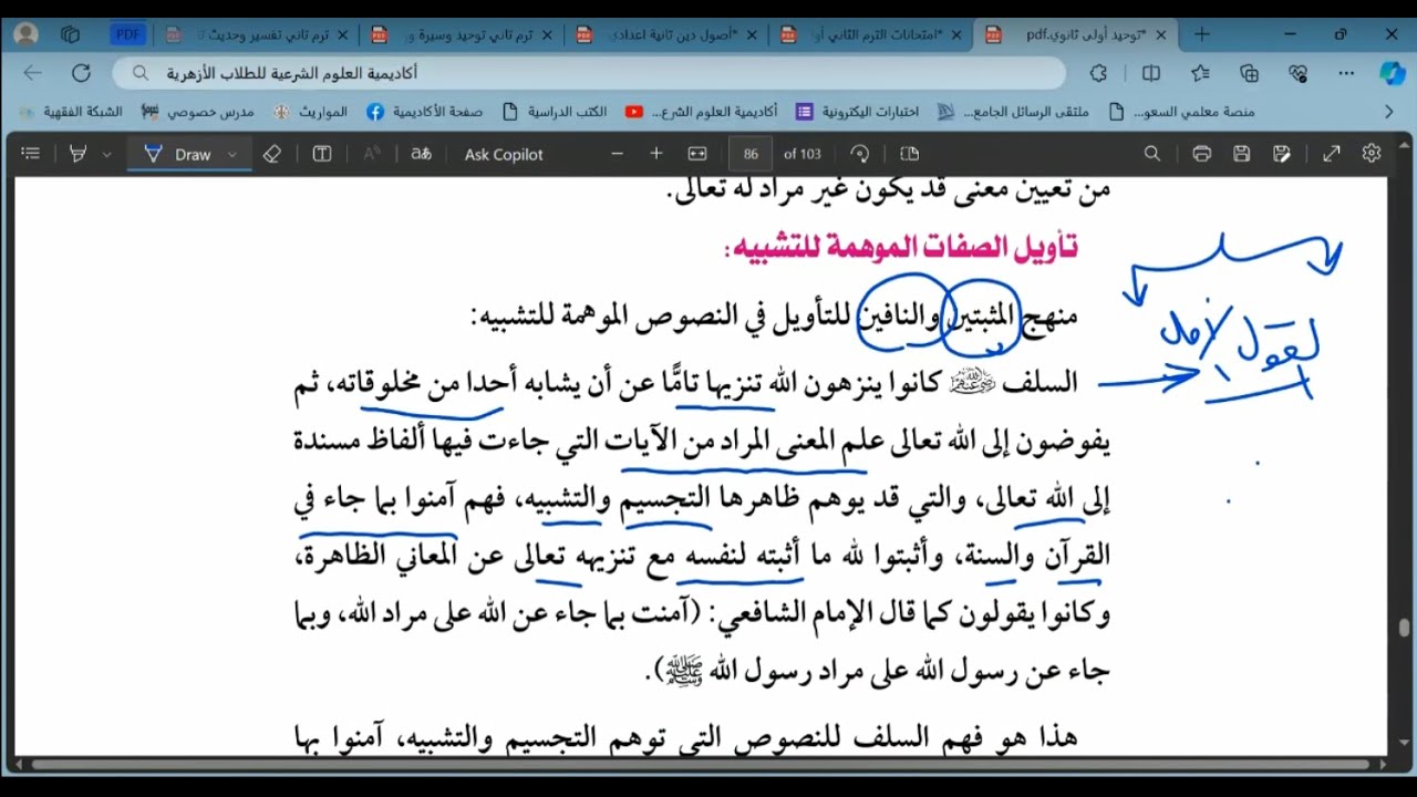 تأويل الصفات الموهمة للتشبية=توحيد=أولى ثانوي= الجزء الثاني=نهاية الترم الثاني