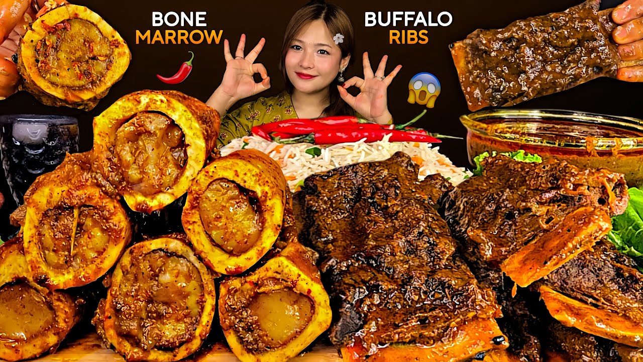 BRAISED BUFFALO RIBS🔥BUFFALO BONE MARROW GRAVY WITH FRIED RICE | REAL MUKBANG | BIG BITES |