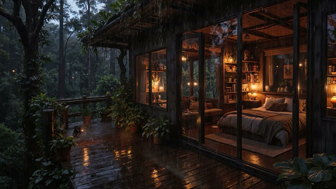 Overnight Cabin Rain for 8 Hours 🌲 Deep Woodland Storm Ambience ⚡