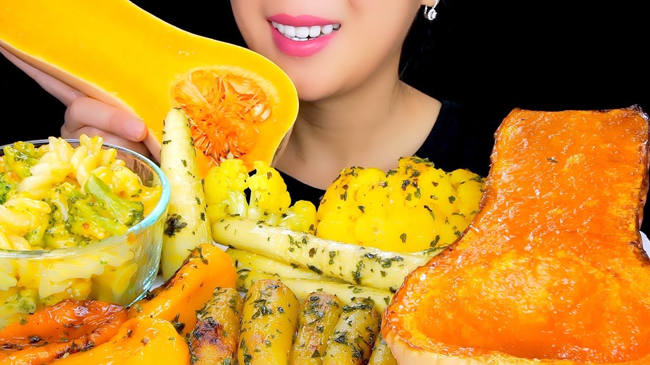 ASMR YELLOW FOOD BUTTERNUT SQUASH BAMBOO SHOOTS MAC & CHEESE ROASTED VEGGIES PLATTER | TracyN ASMR