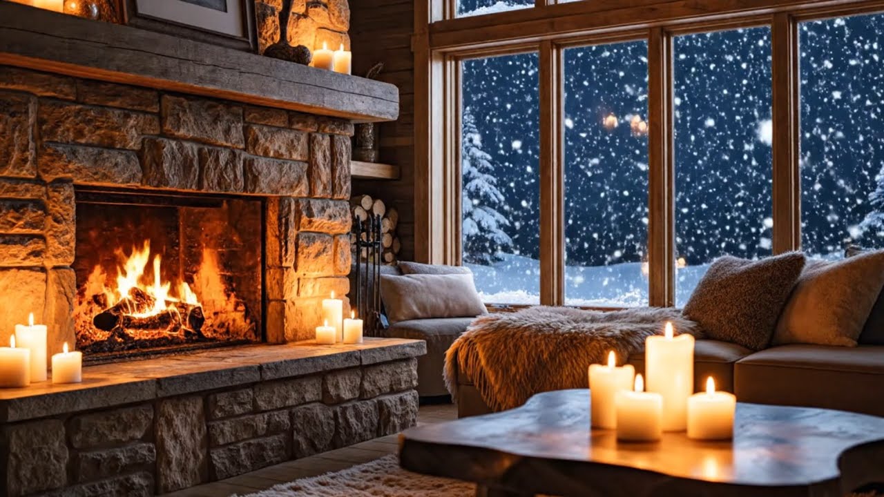 Cozy Winter Fireplace Ambience ❄️ Snowfall, Candles & Crackling Fire for Deep Sleep 6 Hours