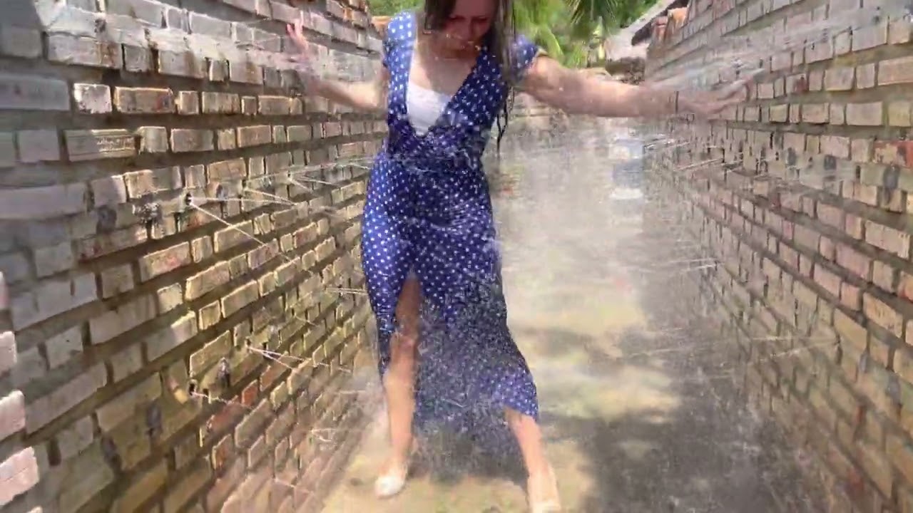 Wet blue dress • wetlook • Lulu get wet in fountain