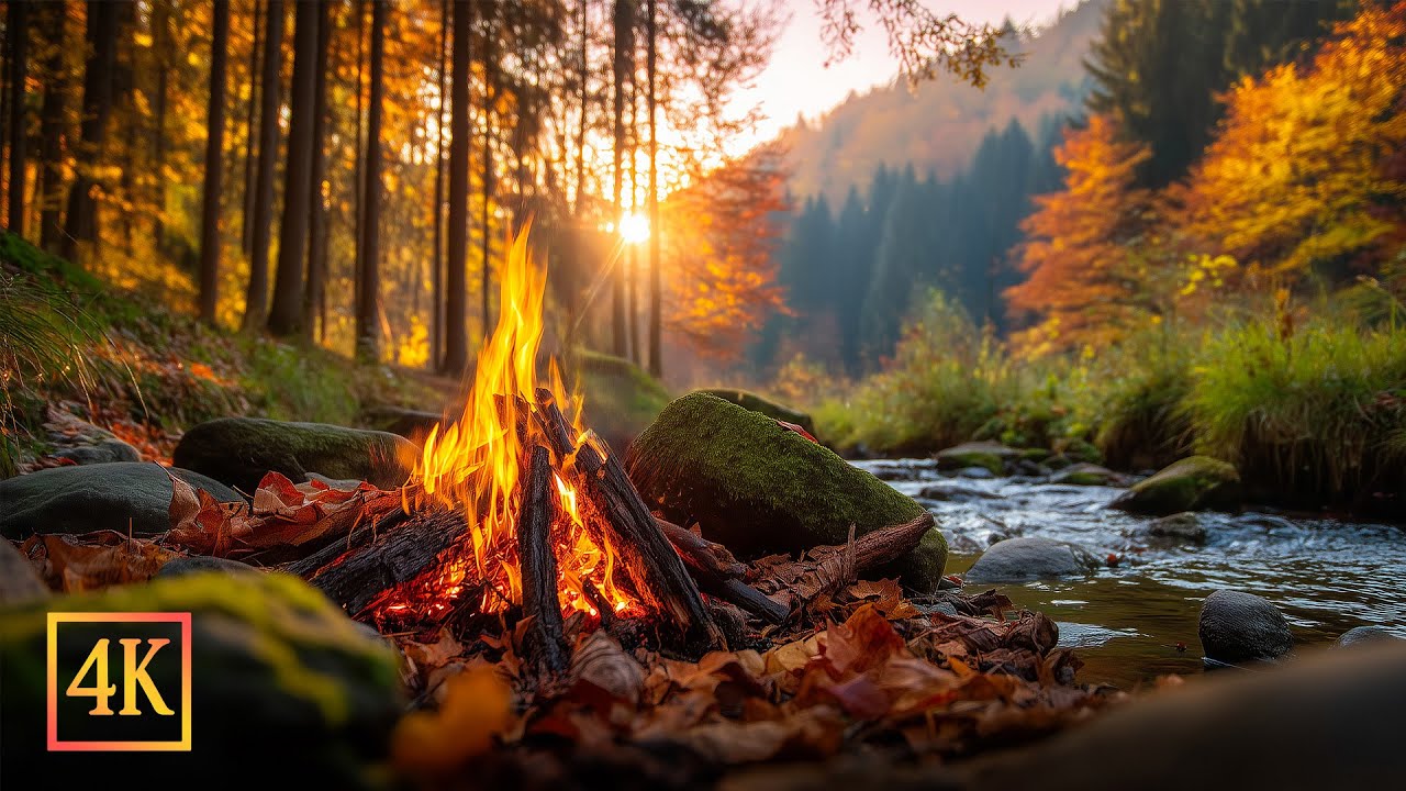 Cozy Campfire in Autumn Forest 🍁🔥 Morning Ambience by the River with Relaxing Peaceful Nature Sounds