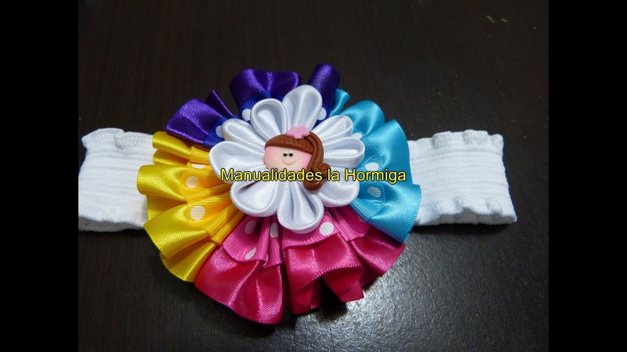 Hermosos Moños Redondos , Flor  kanzashi en cinta de raso y gros, Banditas Elásticas para BEbe