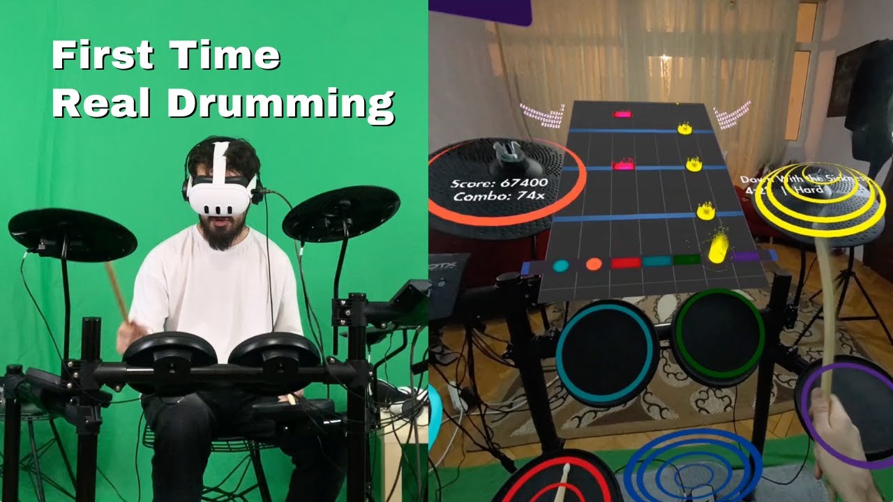 VR drummer tries to play a real drum for the first time.