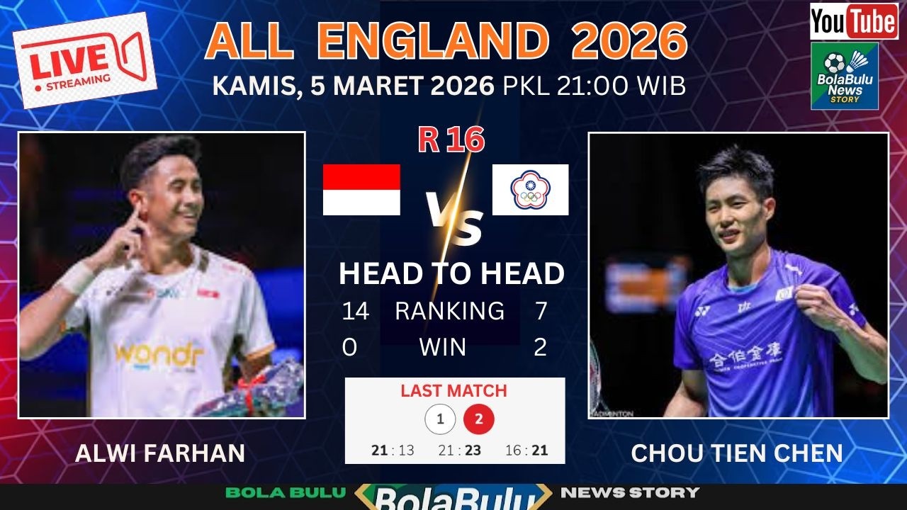 🔴LIVE SKOR R16: Alwi Farhan Vs Chou Tien Chen - All England 2026