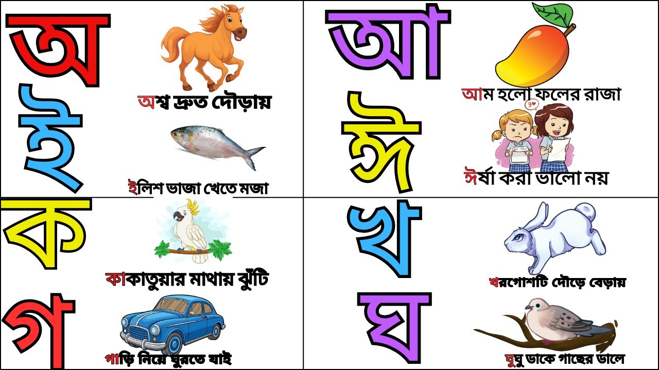 অ তে অশ্ব দ্রুত দৌড়ায় | আ তে আম ফলের রাজা | ক তে কাকাতুয়ার মাথায় ঝুটি | খ তে খরগোশ দৌড়ে বেড়ায়
