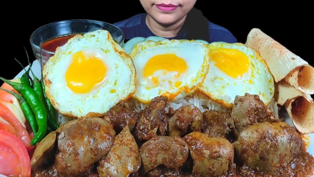 ASMR EATING SPICY CHICKEN LIVER CURRY WITH SUNNY SIDE UP EGG, RICE, GRAVY & SALAD | INDIAN MUKBANG