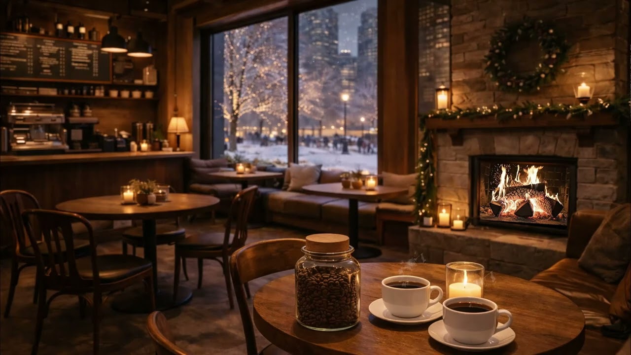 Winter Coffee Shop Ambience ☕❄️ Smooth Jazz & Christmas Jazz | Cozy Fireplace Sounds