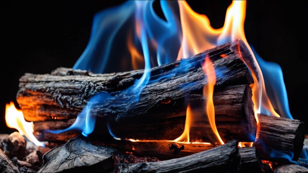🔥 Fireplace with Blue and Orange Flames, Burning Logs in a Dark Cozy Atmosphere