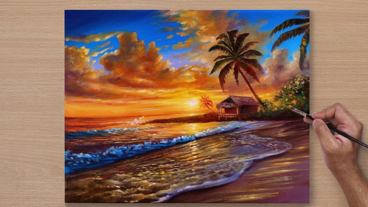 How to Draw a Sunset Seascape / Acrylic Painting for Beginners / STEP BY STEP #78