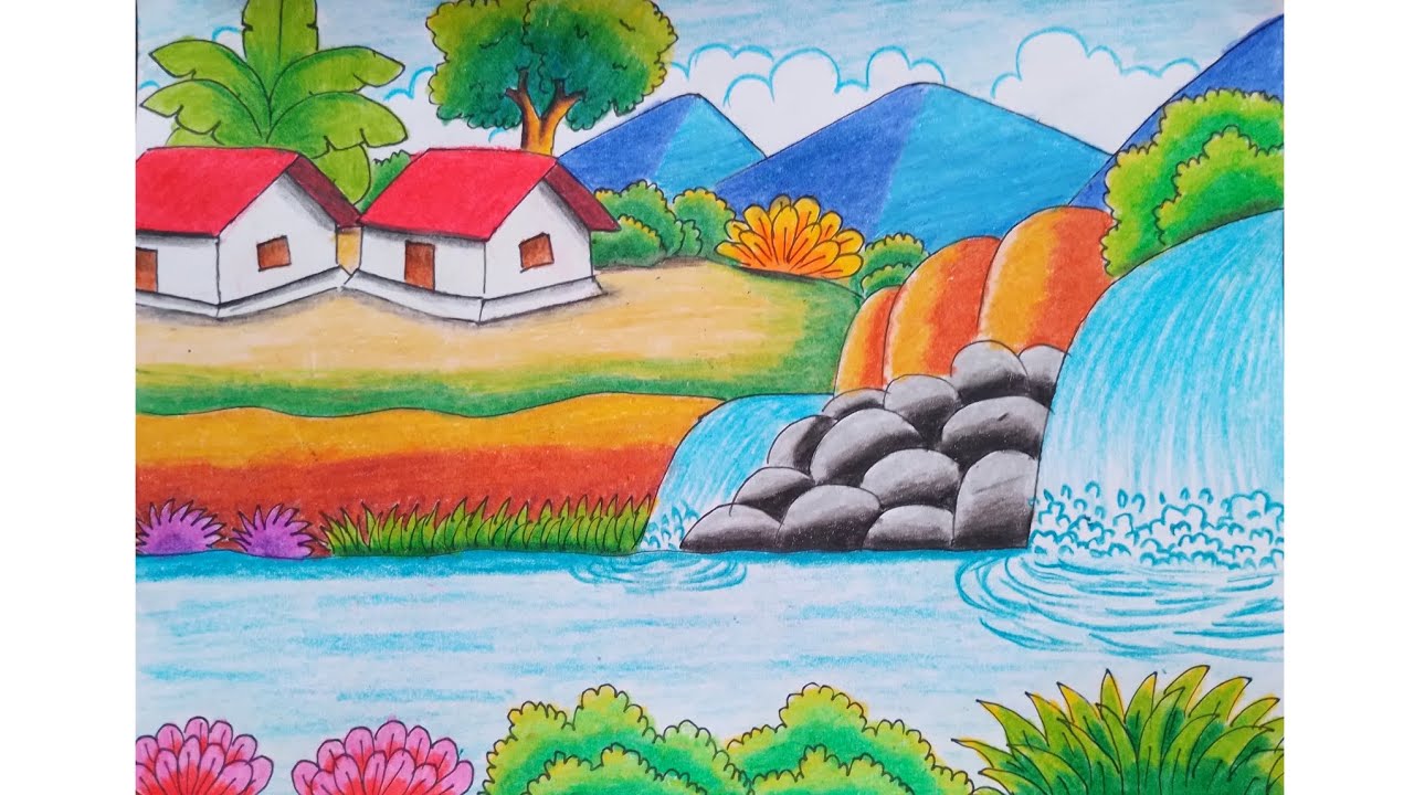 How to draw a simple scenery and draw waterfall step-by-step | Beautiful landscape drawing