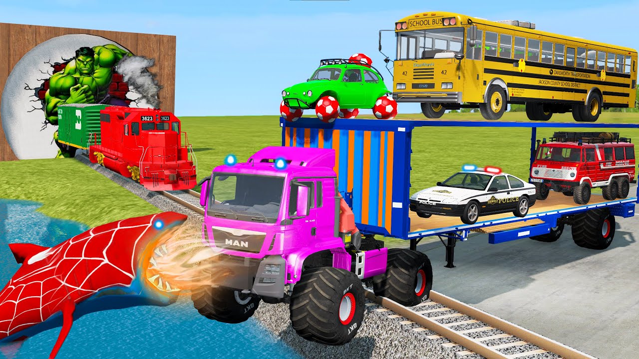 Flatbed Trailer McQueen Transportation with Truck - Speedbumps vs Cars vs Train - BeamNG.Drive